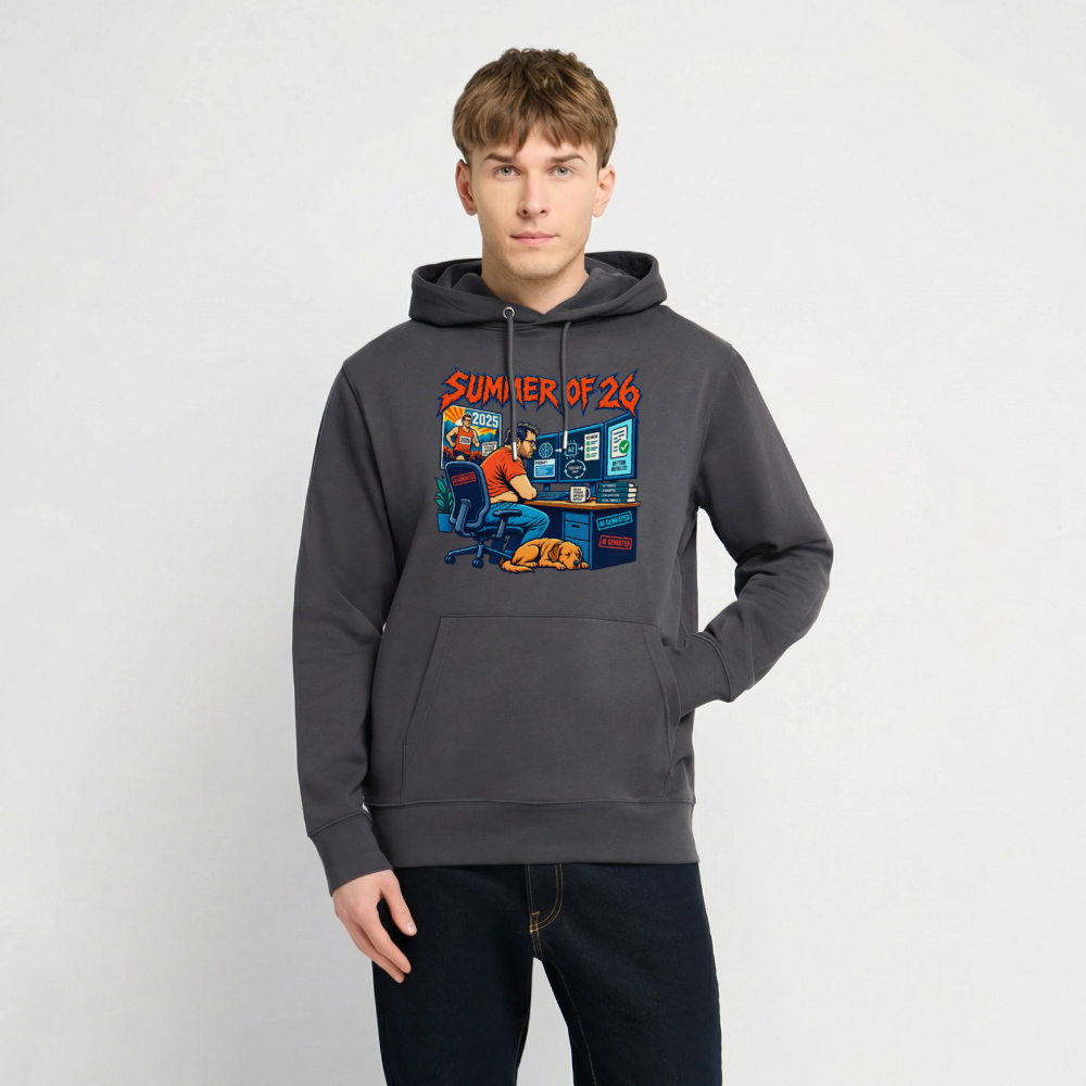 Unisex Hoodie dunkel mit SUMMER OF 26 Frontprint – Indigoblau – Vorderseite – Model 2