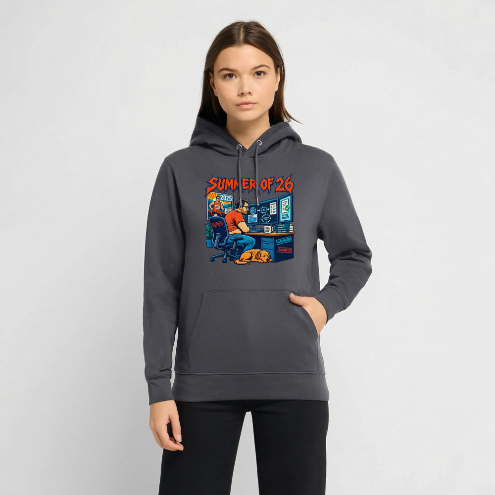 Unisex Hoodie dunkel mit SUMMER OF 26 Frontprint – Indigoblau – Vorderseite – Model